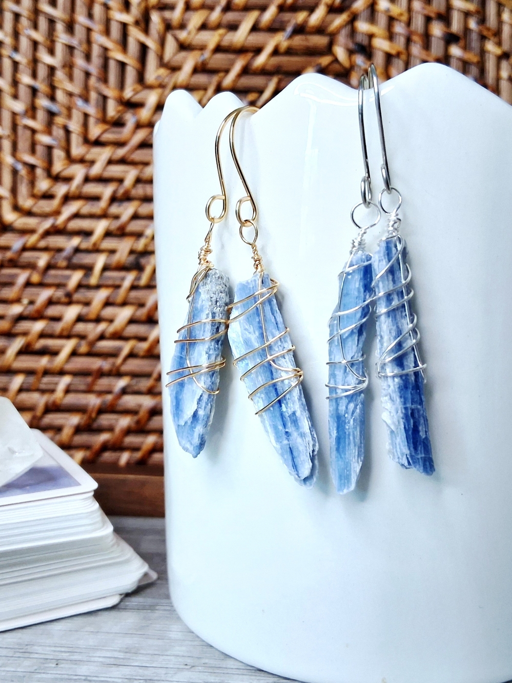 Raw Blue Kyanite Wire-Wrapped Dangle Earrings — Gold or Silver